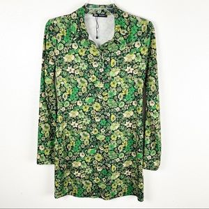 ZARA Green Floral Long Sleeves Collared Shift Dress, Size Small
